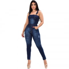 Macacão Longo Jardineira Feminina Jeans Clássica - EWF Jeans - Azul Escuro